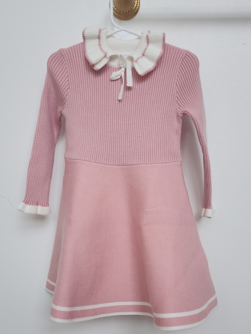 Girls' Pink Knit Dress with White Ruffle Collar